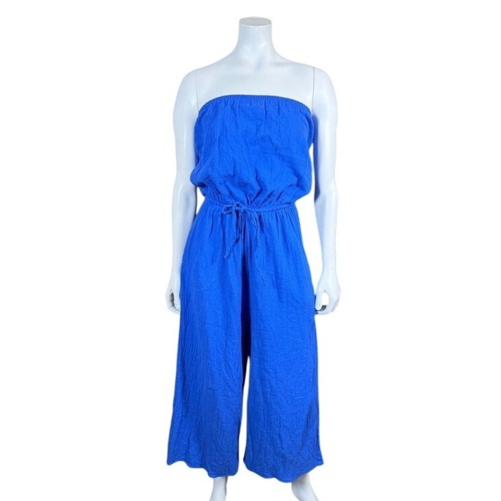 Aerie Womens Blue Strapless Gauze Wide Leg Jumpsuit Drawstring Waist Small